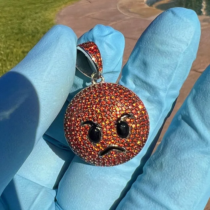 Bling Cartel Necklaces Real 925 Sterling Silver Fire Red Orange Angry Face Emoji Iced CZ Flooded Out Pendant Bling Cartel Necklaces Real 925 Sterling Silver Fire Red Orange Angry Face Emoji Iced CZ Flooded Out Pendant