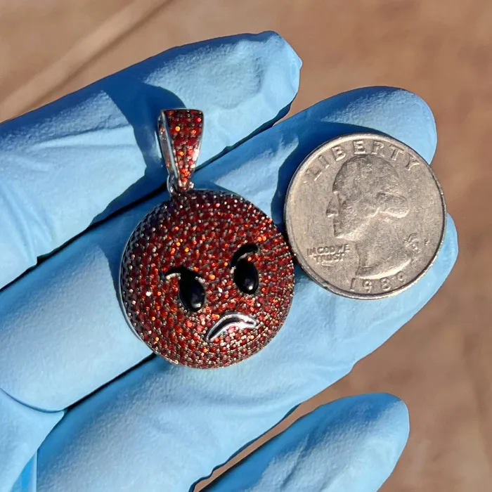 Bling Cartel Necklaces Real 925 Sterling Silver Fire Red Orange Angry Face Emoji Iced CZ Flooded Out Pendant Bling Cartel Necklaces Real 925 Sterling Silver Fire Red Orange Angry Face Emoji Iced CZ Flooded Out Pendant
