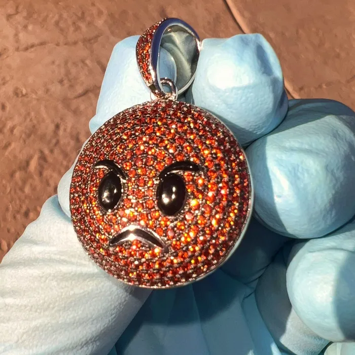 Bling Cartel Necklaces Real 925 Sterling Silver Fire Red Orange Angry Face Emoji Iced CZ Flooded Out Pendant Bling Cartel Necklaces Real 925 Sterling Silver Fire Red Orange Angry Face Emoji Iced CZ Flooded Out Pendant