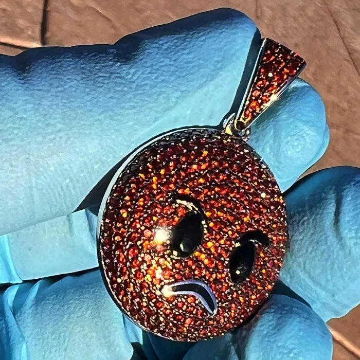 Bling Cartel Necklaces Real 925 Sterling Silver Fire Red Orange Angry Face Emoji Iced CZ Flooded Out Pendant Bling Cartel Necklaces Real 925 Sterling Silver Fire Red Orange Angry Face Emoji Iced CZ Flooded Out Pendant