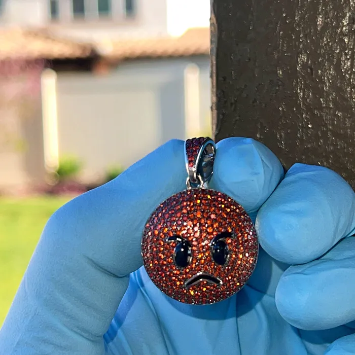 Bling Cartel Necklaces Real 925 Sterling Silver Fire Red Orange Angry Face Emoji Iced CZ Flooded Out Pendant Bling Cartel Necklaces Real 925 Sterling Silver Fire Red Orange Angry Face Emoji Iced CZ Flooded Out Pendant