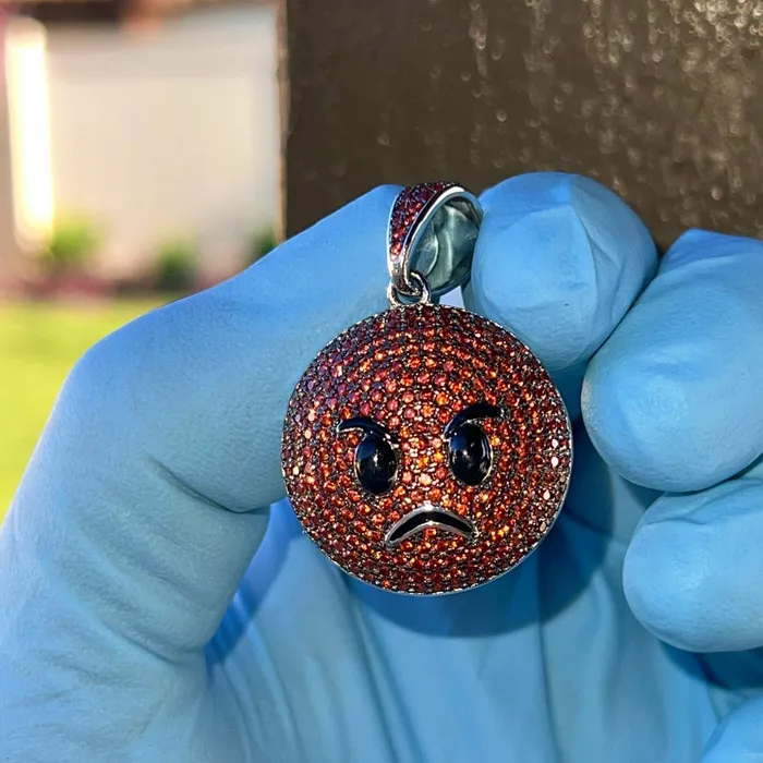 Bling Cartel Necklaces Real 925 Sterling Silver Fire Red Orange Angry Face Emoji Iced CZ Flooded Out Pendant Bling Cartel Necklaces Real 925 Sterling Silver Fire Red Orange Angry Face Emoji Iced CZ Flooded Out Pendant