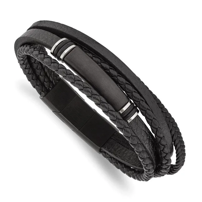 Bracelets Chisel Stainless Steel Brushed Black IP PU LeatherRubber w5in ext 8in Bracelet