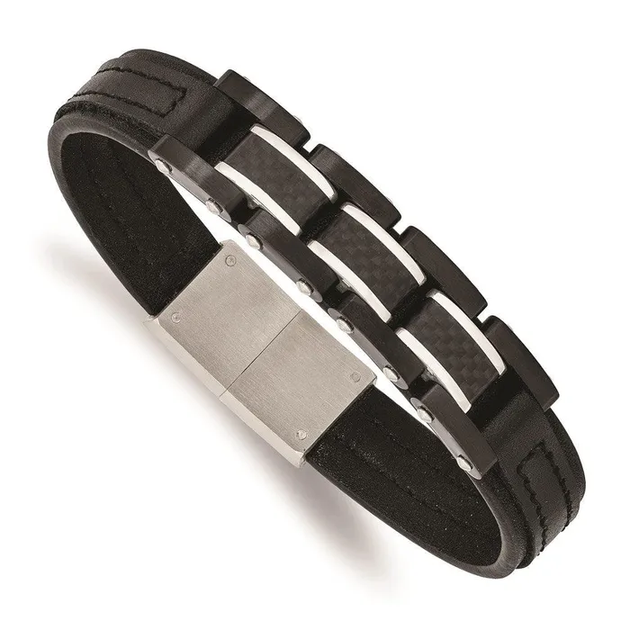 Bracelets Chisel Stainless Steel Brushed Polished Black IP Carbon Fiber Leather Bracelet Bracelets Chisel Stainless Steel Brushed Polished Black IP Carbon Fiber Leather Bracelet