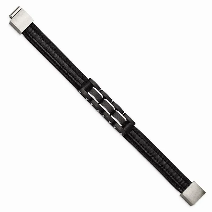 Bracelets Chisel Stainless Steel Brushed Polished Black IP Carbon Fiber Leather Bracelet Bracelets Chisel Stainless Steel Brushed Polished Black IP Carbon Fiber Leather Bracelet