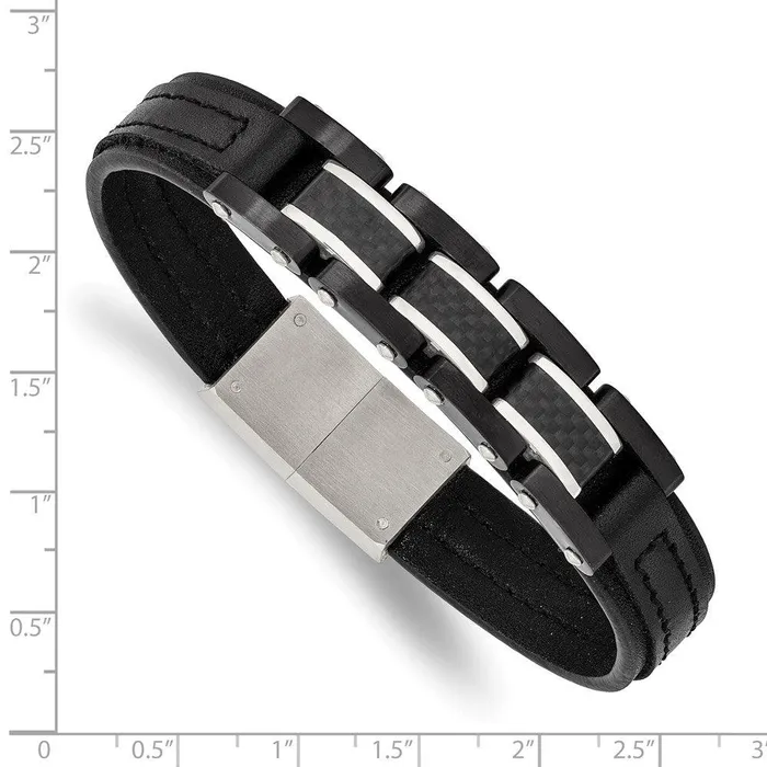 Bracelets Chisel Stainless Steel Brushed Polished Black IP Carbon Fiber Leather Bracelet Bracelets Chisel Stainless Steel Brushed Polished Black IP Carbon Fiber Leather Bracelet