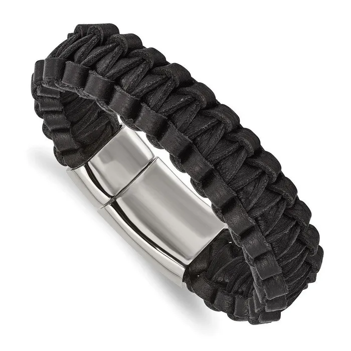 Bracelets Chisel Stainless Steel Polished Flat Braided Black Leather Bracelet Bracelets Chisel Stainless Steel Polished Flat Braided Black Leather Bracelet