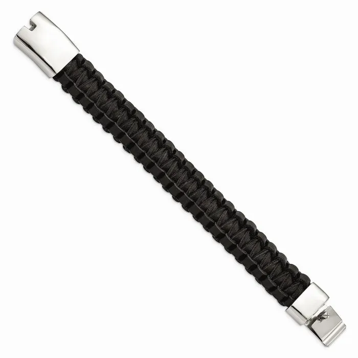 Bracelets Chisel Stainless Steel Polished Flat Braided Black Leather Bracelet Bracelets Chisel Stainless Steel Polished Flat Braided Black Leather Bracelet