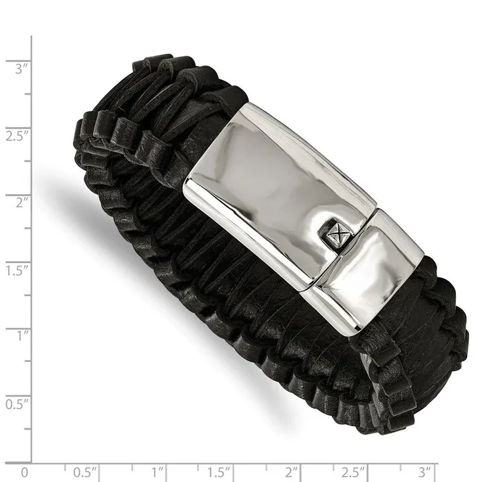 Bracelets Chisel Stainless Steel Polished Flat Braided Black Leather Bracelet Bracelets Chisel Stainless Steel Polished Flat Braided Black Leather Bracelet