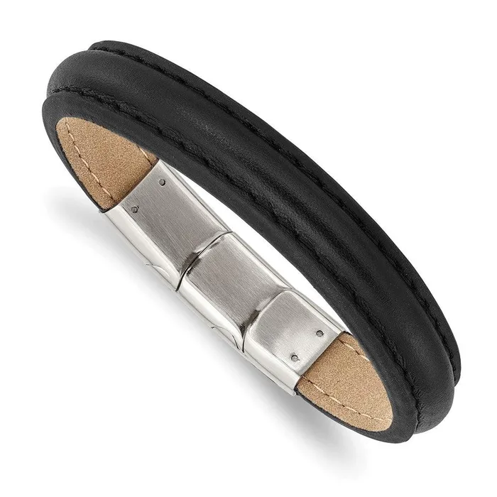 Chisel Bracelets Stainless Steel Polished Black Leather w5in ext 775in Bracelet Chisel Bracelets Stainless Steel Polished Black Leather w5in ext 775in Bracelet