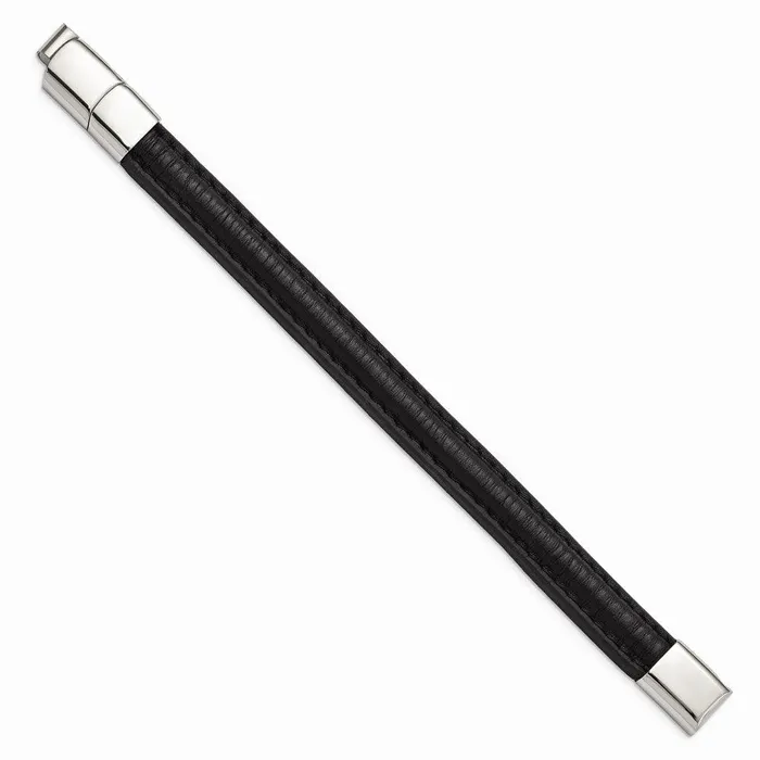 Chisel Bracelets Stainless Steel Polished Black Leather w5in ext 775in Bracelet Chisel Bracelets Stainless Steel Polished Black Leather w5in ext 775in Bracelet