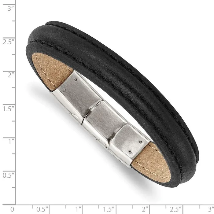 Chisel Bracelets Stainless Steel Polished Black Leather w5in ext 775in Bracelet Chisel Bracelets Stainless Steel Polished Black Leather w5in ext 775in Bracelet