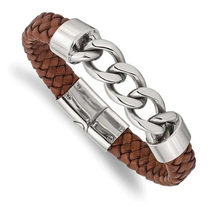 Chisel Bracelets Stainless Steel Polished Chain and Brown Leather 825in Bracelet Chisel Bracelets Stainless Steel Polished Chain and Brown Leather 825in Bracelet