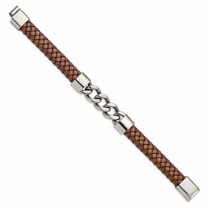 Chisel Bracelets Stainless Steel Polished Chain and Brown Leather 825in Bracelet Chisel Bracelets Stainless Steel Polished Chain and Brown Leather 825in Bracelet