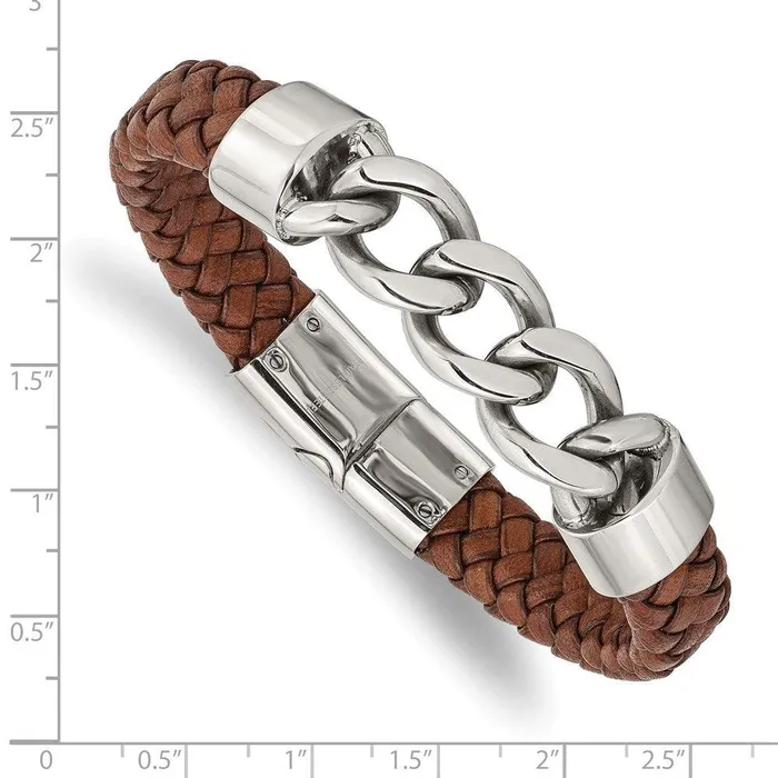 Chisel Bracelets Stainless Steel Polished Chain and Brown Leather 825in Bracelet Chisel Bracelets Stainless Steel Polished Chain and Brown Leather 825in Bracelet