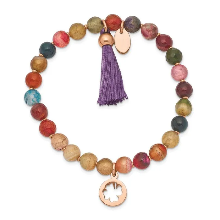 Chisel Bracelets Stainless Steel Polished Rose IP Clover Multi Color Agate Stretch Bracelet Chisel Bracelets Stainless Steel Polished Rose IP Clover Multi Color Agate Stretch Bracelet