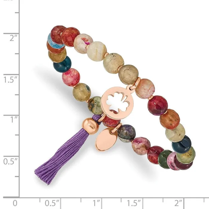 Chisel Bracelets Stainless Steel Polished Rose IP Clover Multi Color Agate Stretch Bracelet Chisel Bracelets Stainless Steel Polished Rose IP Clover Multi Color Agate Stretch Bracelet
