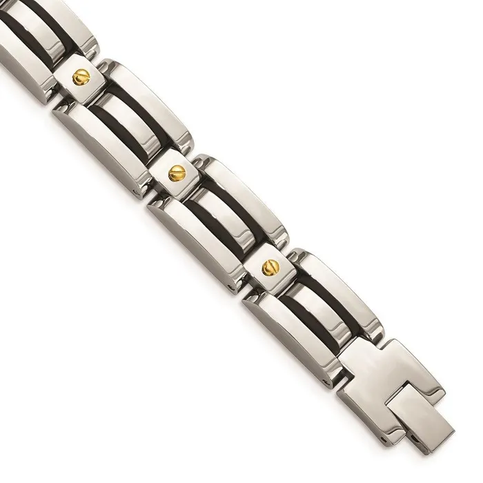 Chisel Bracelets Stainless Steel Polished Yellow IP wBlack Polyurethane 825in Bracelet Chisel Bracelets Stainless Steel Polished Yellow IP wBlack Polyurethane 825in Bracelet