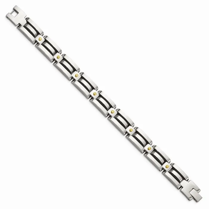 Chisel Bracelets Stainless Steel Polished Yellow IP wBlack Polyurethane 825in Bracelet Chisel Bracelets Stainless Steel Polished Yellow IP wBlack Polyurethane 825in Bracelet