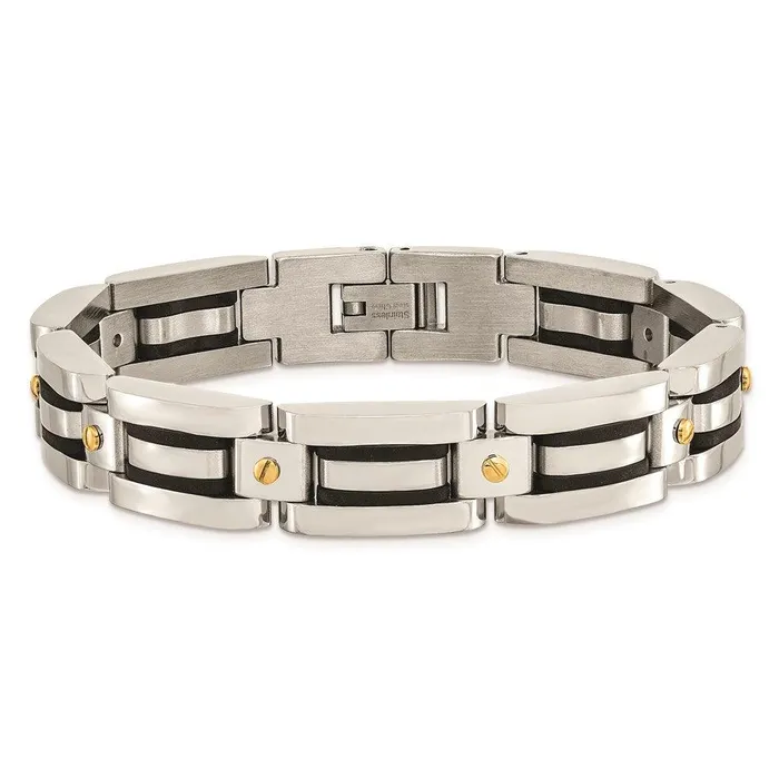 Chisel Bracelets Stainless Steel Polished Yellow IP wBlack Polyurethane 825in Bracelet Chisel Bracelets Stainless Steel Polished Yellow IP wBlack Polyurethane 825in Bracelet