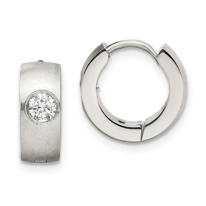 Chisel Earrings Stainless Steel Brushed Polished CZ Hinged Hoop Earrings