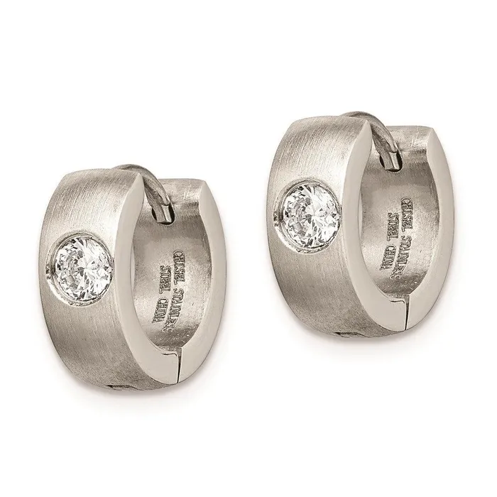 Chisel Earrings Stainless Steel Brushed Polished CZ Hinged Hoop Earrings Chisel Earrings Stainless Steel Brushed Polished CZ Hinged Hoop Earrings