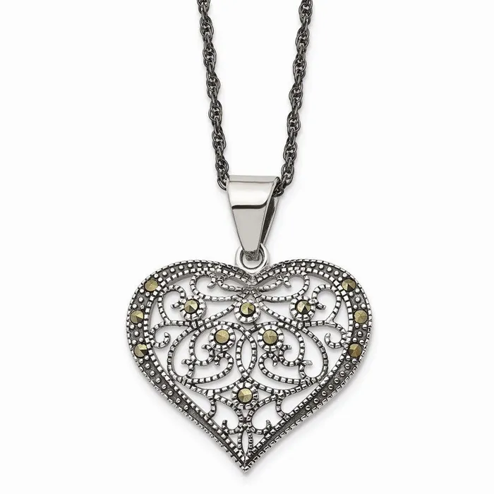 Chisel Necklaces Stainless Steel Marcasite Textured Heart Necklace