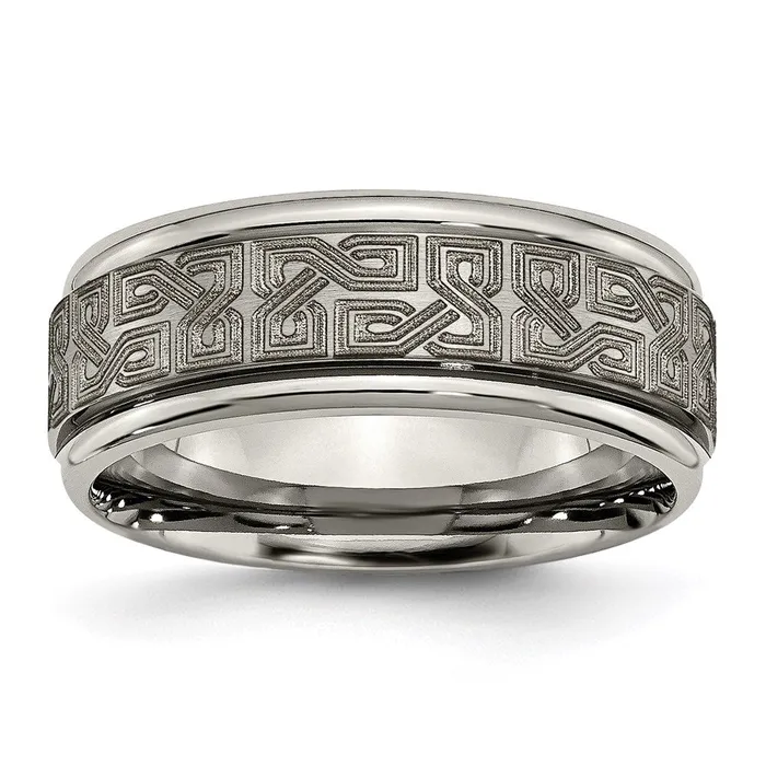 Chisel Titanium Ridged Edge 8mm Laser Design Brushed Polished Band TB11E Rings Chisel Titanium Ridged Edge 8mm Laser Design Brushed Polished Band TB11E Rings