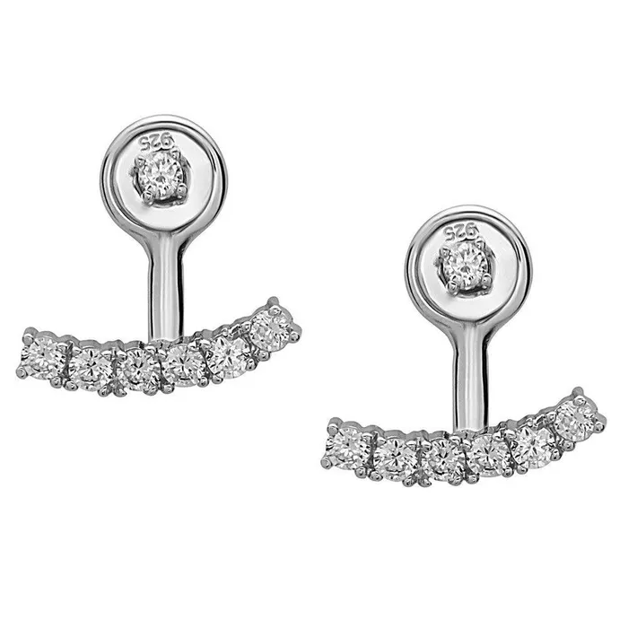 Classic Earrings Sterling Silver Curved CZ Bar Bottom Earrings