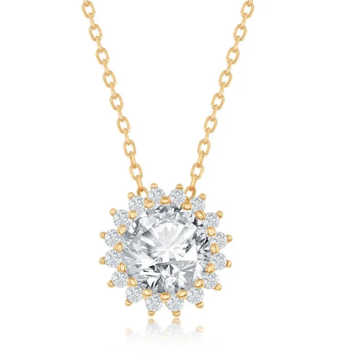 Classic Necklaces Sterling Silver Gold Plated Round Halo Flower CZ Necklace