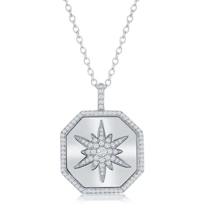 Classic Necklaces Sterling Silver Hexagon with Center Starburst CZ Necklace
