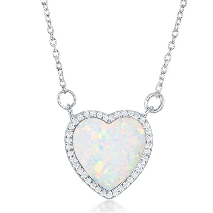 Classic Necklaces Sterling Silver White Inlay Opal Heart with CZ Border Necklace Classic Necklaces Sterling Silver White Inlay Opal Heart with CZ Border Necklace