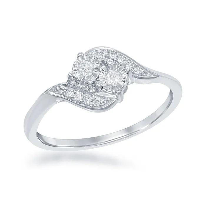 Classic Rings Sterling Silver Square Two Stone Diamond Ring DIW1682