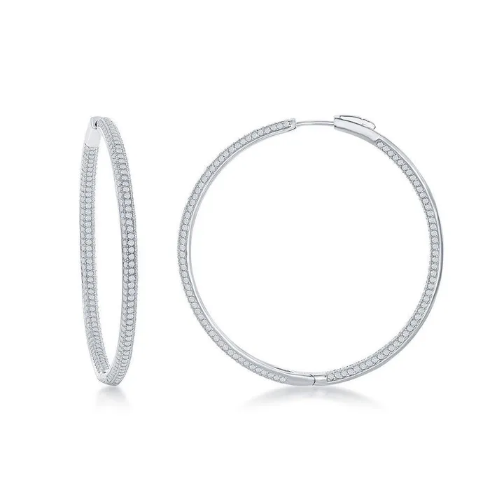 Classic Sterling Silver Micro Pave CZ Hoop Earrings 3 x 50 mm Earrings