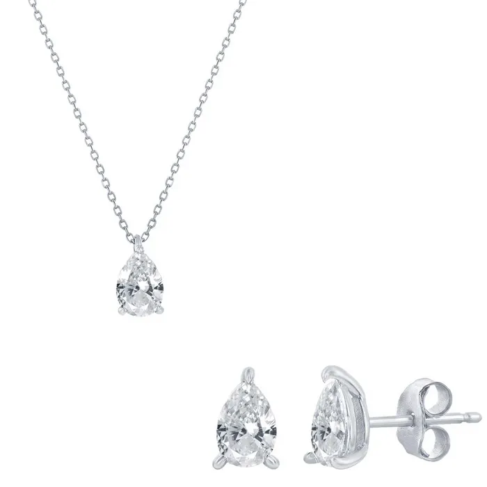 Classic Womens Necklace and Earrings Set Silver Solitaire Pearshape CZ SET613 Classic Earrings Classic Womens Necklace and Earrings Set Silver Solitaire Pearshape CZ SET613 Classic Earrings