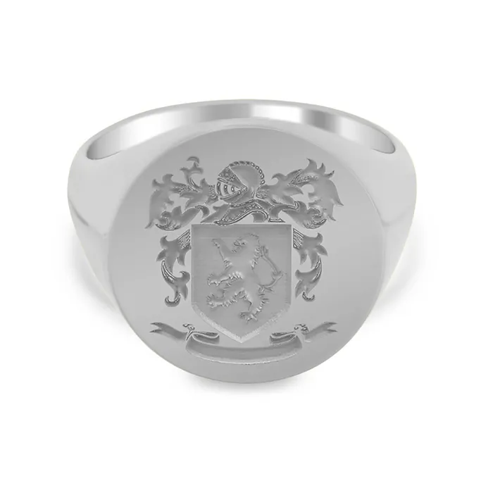 deBebians Mens Round Signet Ring Large Laser Engraved Family Crest Logo Rings
