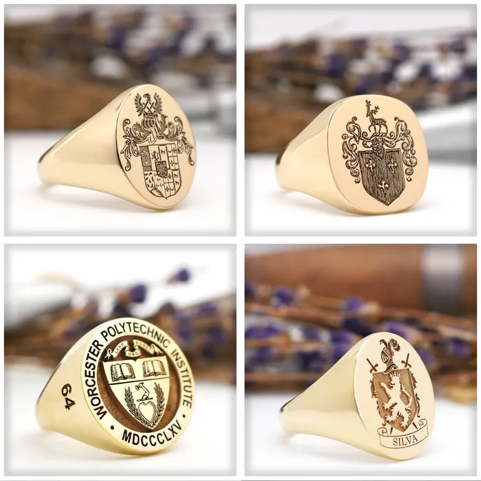 deBebians Mens Round Signet Ring Large Laser Engraved Family Crest Logo Rings