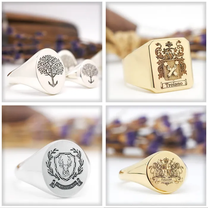 deBebians Mens Round Signet Ring Large Laser Engraved Family Crest Logo Rings