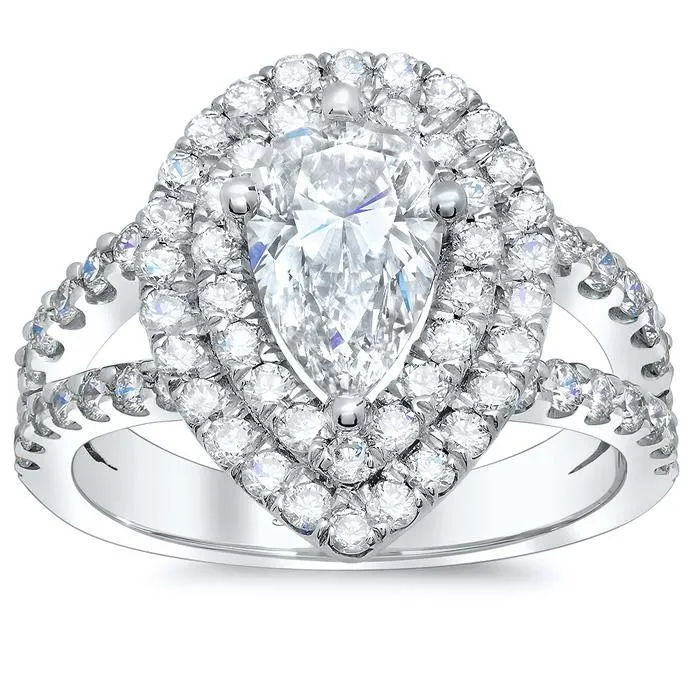 deBebians Rings Pear Low Split Double Halo Engagement Ring