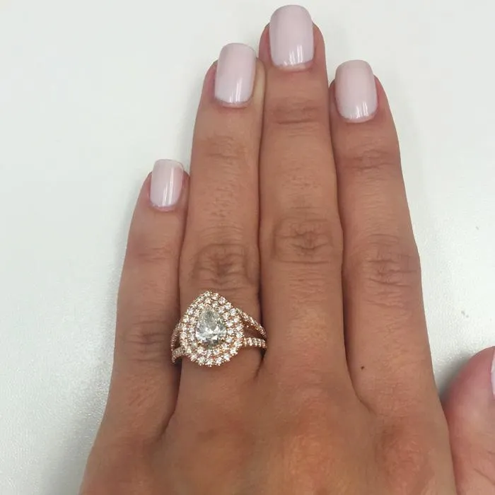 deBebians Rings Pear Low Split Double Halo Engagement Ring