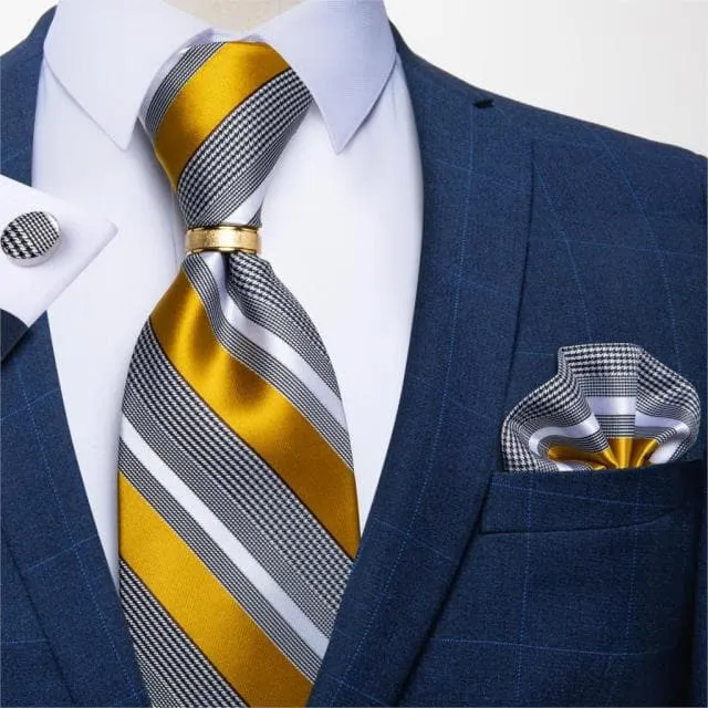 Divine Inspiration Styles Rings DBG VIP Design Collection Mens Fashion Golden Yellow Silver Gray Stripes 100 Premium Quality Silk Tie Set Divine Inspiration Styles Rings DBG VIP Design Collection Mens Fashion Golden Yellow Silver Gray Stripes 100 Premium Quality Silk Tie Set