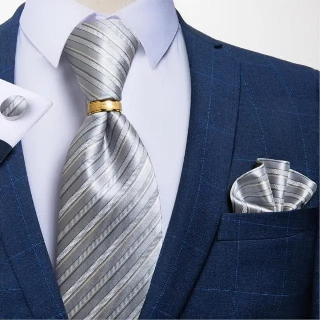 Divine Inspiration Styles Rings DBG VIP Design Collection Mens Fashion Golden Yellow Silver Gray Stripes 100 Premium Quality Silk Tie Set