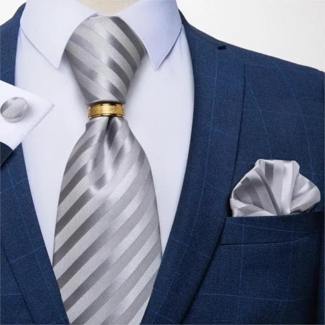 Divine Inspiration Styles Rings DBG VIP Design Collection Mens Fashion Golden Yellow Silver Gray Stripes 100 Premium Quality Silk Tie Set