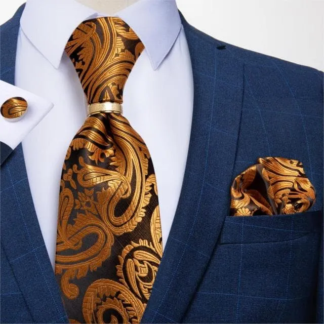 Divine Inspiration Styles Rings DBG VIP Design Collection Mens Fashion Golden Yellow Silver Gray Stripes 100 Premium Quality Silk Tie Set