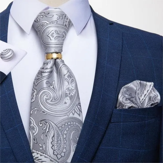 Divine Inspiration Styles Rings DBG VIP Design Collection Mens Fashion Golden Yellow Silver Gray Stripes 100 Premium Quality Silk Tie Set