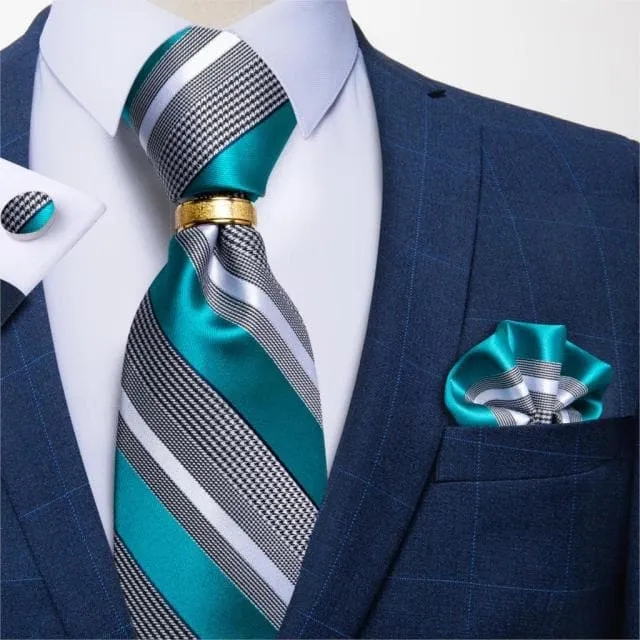 Divine Inspiration Styles Rings DBG VIP Design Collection Mens Fashion Golden Yellow Silver Gray Stripes 100 Premium Quality Silk Tie Set