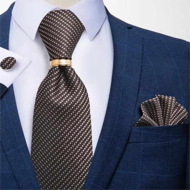 Divine Inspiration Styles Rings DBG VIP Design Collection Mens Fashion Golden Yellow Silver Gray Stripes 100 Premium Quality Silk Tie Set