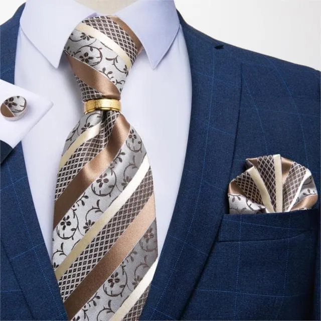 Divine Inspiration Styles Rings DBG VIP Design Collection Mens Fashion Golden Yellow Silver Gray Stripes 100 Premium Quality Silk Tie Set