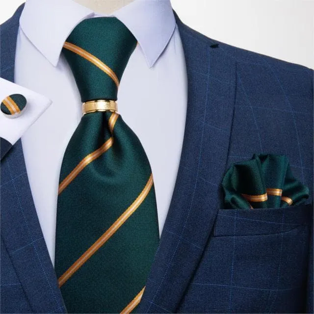 Divine Inspiration Styles Rings DBG VIP Design Collection Mens Fashion Golden Yellow Silver Gray Stripes 100 Premium Quality Silk Tie Set