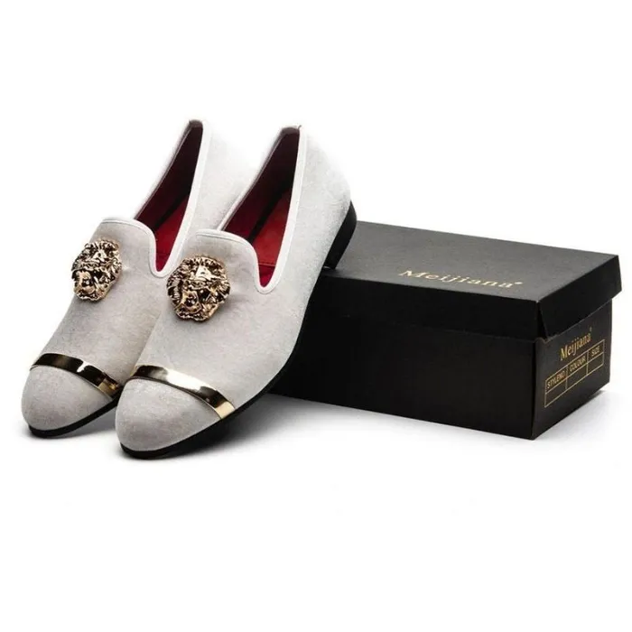 Divine Inspiration Styles Rings MEIJIANA Mens Genuine Velvet Leather White Loafers With Medallion Ring Designer Shoes